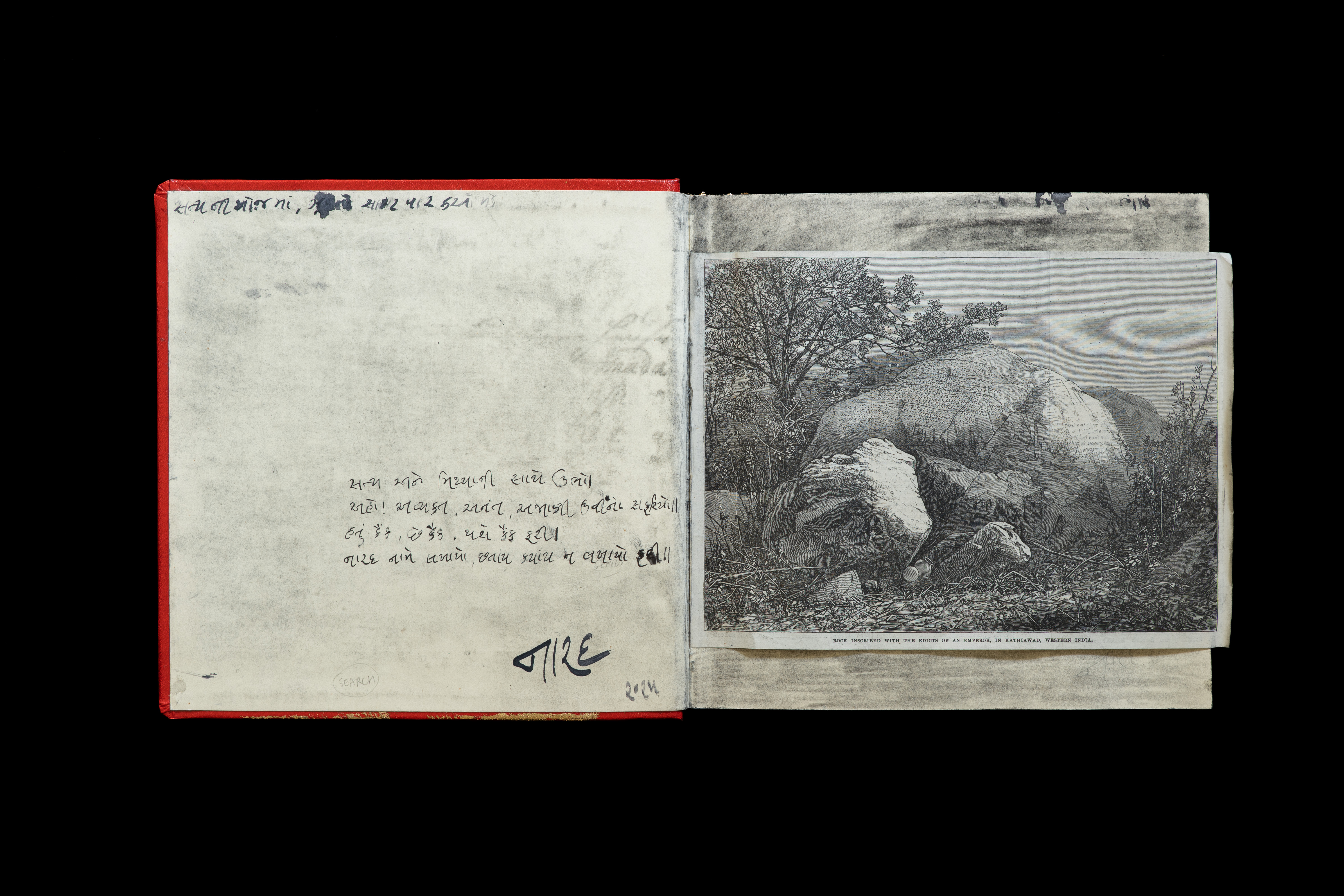 Spread from the Lost Book of Narad showing a mounted printed image and handwritten Gujarati text