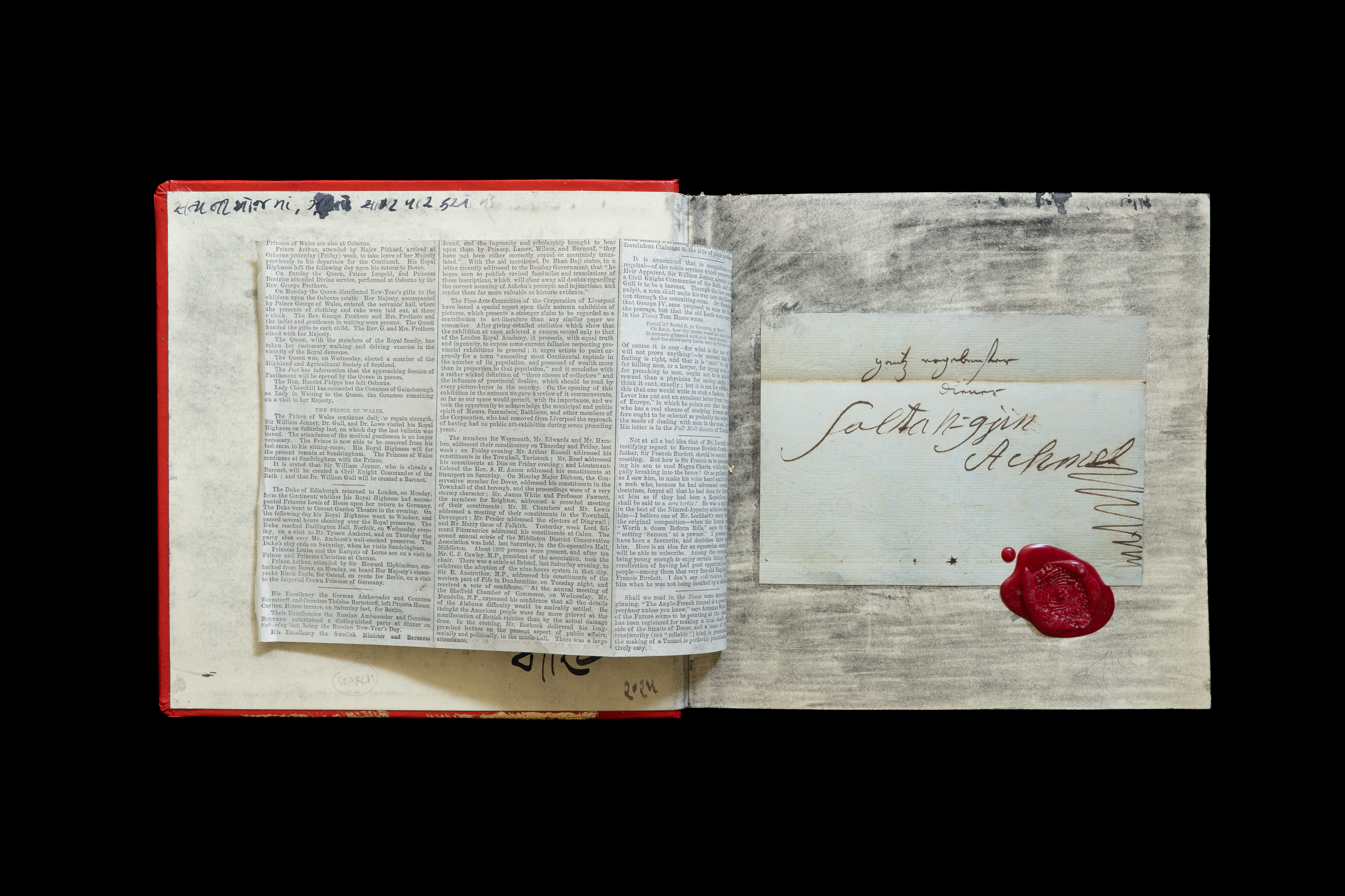 Spread from the Lost Book of Narad showing inserted printed clippings and a card with signature and wax seal